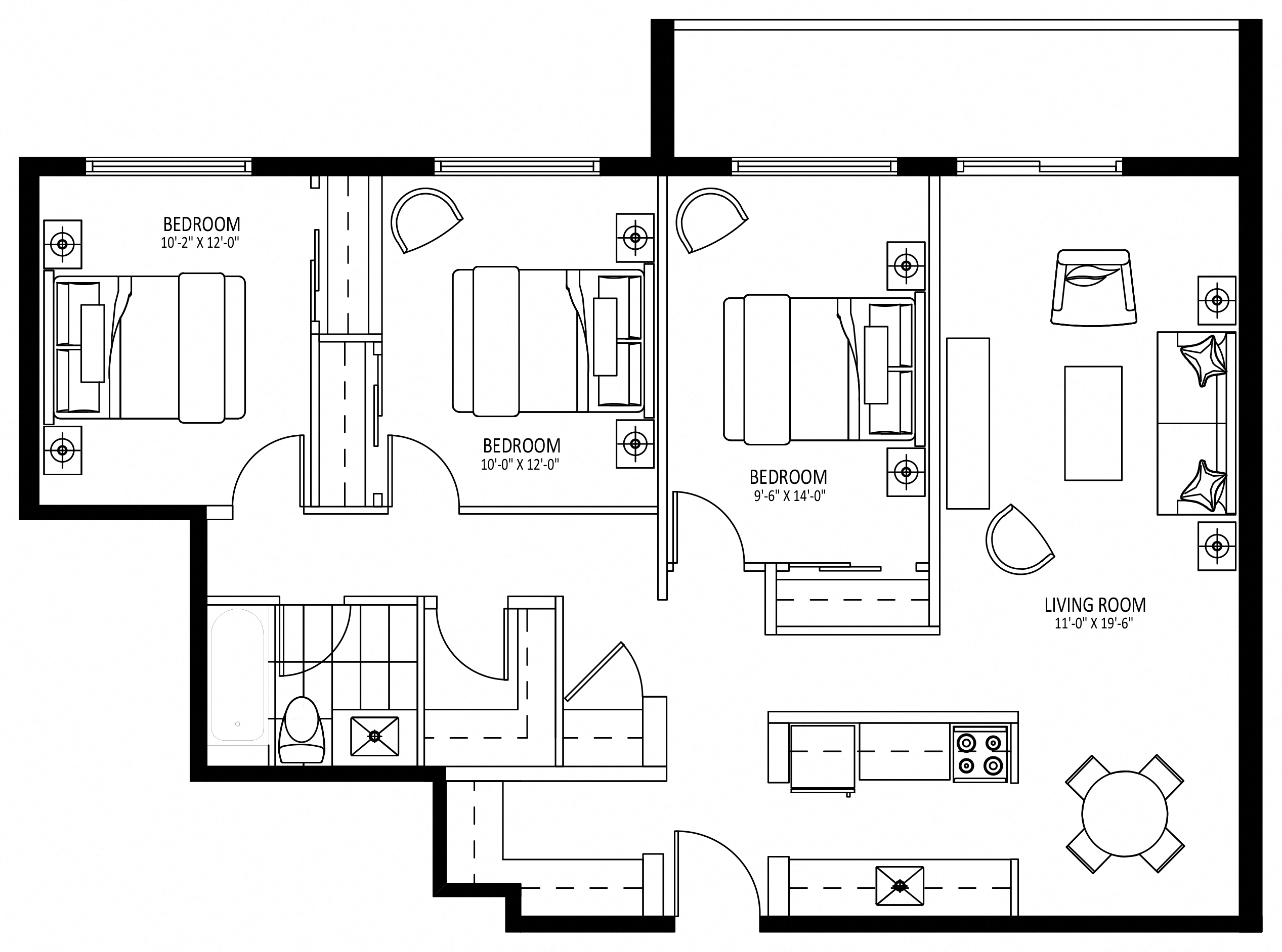 Floor plan for 3 beds, 1 bath, 1104 sqft
